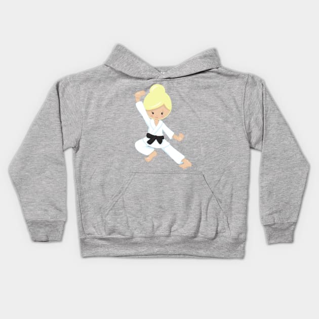 Karate Girl, Cute Girl, Black Belt, Blonde Hair Kids Hoodie by Jelena Dunčević